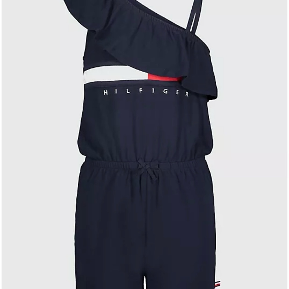 NWT. TOMMY HILFIGER BIG KIDS' ONE-SHOULDER FLAG STRIPE LOGO ROMPER